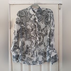 Cabi Large Sheer Long Sleeve Black White Ruffle Victorian Whimsygoth Blouse Ahoy